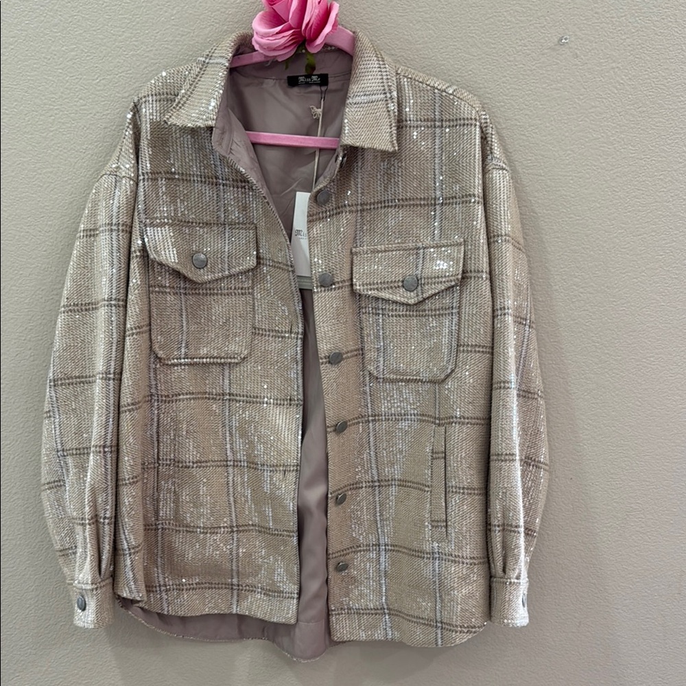Sequin Plaid Jacket - Beige